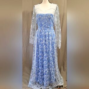 Princess gown girls XXL blue sheer floral lace Halloween costume